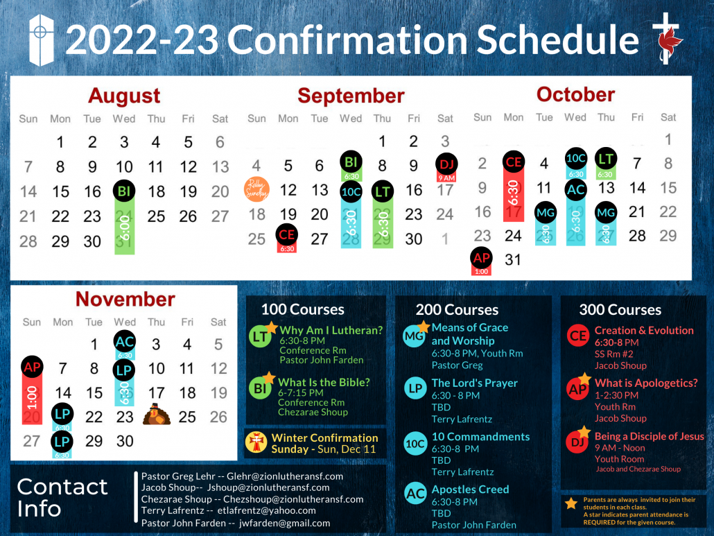 2022-23 Confirmation Schedule (Fall)